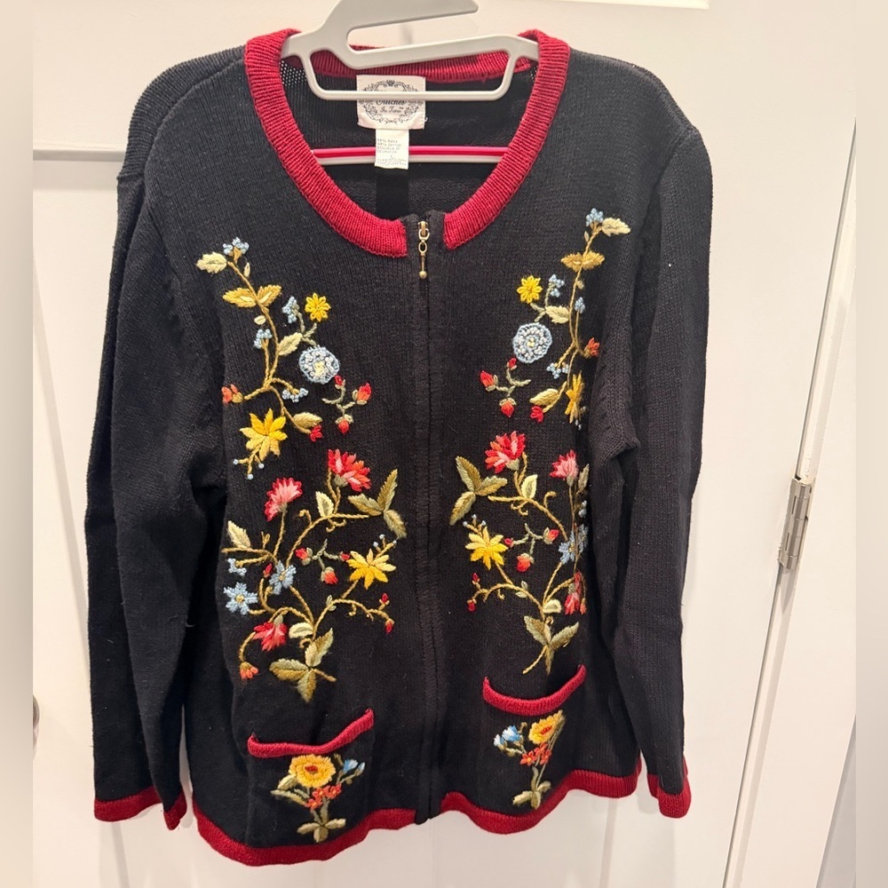 Stitches In  Time Black Embroidered Zip Front Cardigan Sweater Size L